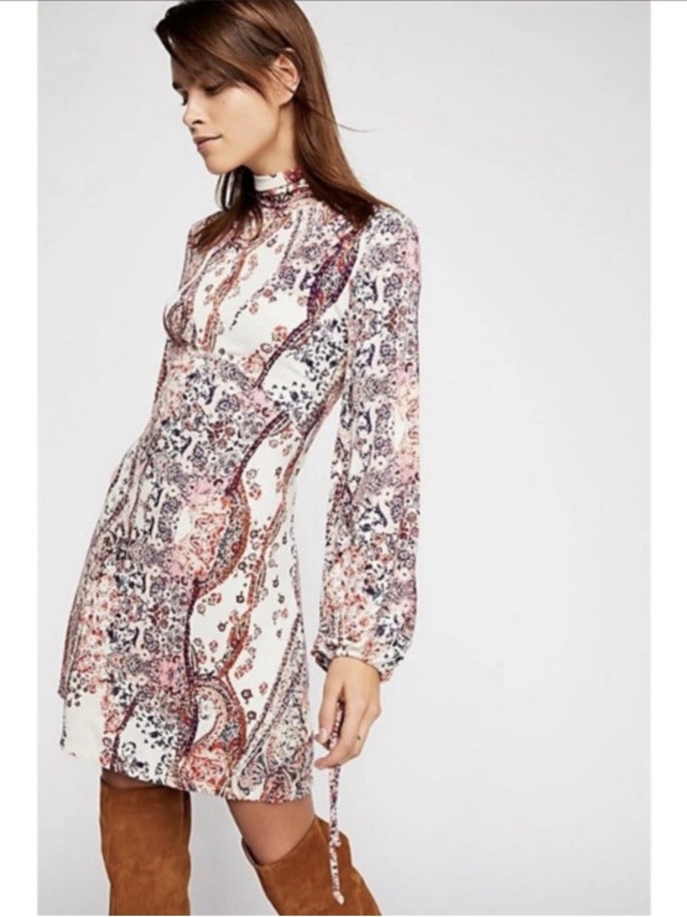 Free People All Dolled Up Printed Long Sleeve Mini Dress size L